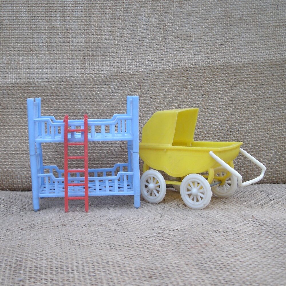 Vintage Plastic Doll House Bed & Baby Carriage